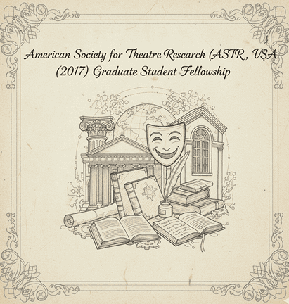 Illustrated certificate-style graphic featuring theatre masks, books, scrolls, and classical architectural columns arranged around a globe, representing the Graduate Student Fellowship from the American Society for Theatre Research.