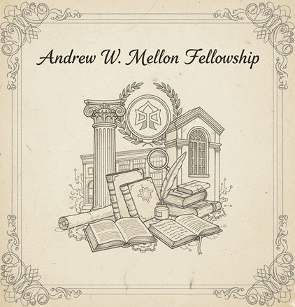 Illustrated certificate-style graphic depicting books, scrolls, columns, and academic emblems arranged around a classical building façade, labeled Andrew W. Mellon Fellowship.