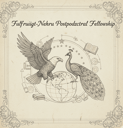 Illustrated certificate-style graphic featuring an eagle and a peacock standing over a globe, surrounded by books and symbolic academic icons, with the text Fulbright-Nehru Postdoctoral Fellowship.