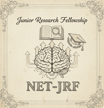 Illustrated certificate-style graphic featuring a detailed brain at the center with arrows pointing outward, surrounded by an open book, a graduation cap, and scholarly symbols, labeled Junior Research Fellowship NET-JRF.