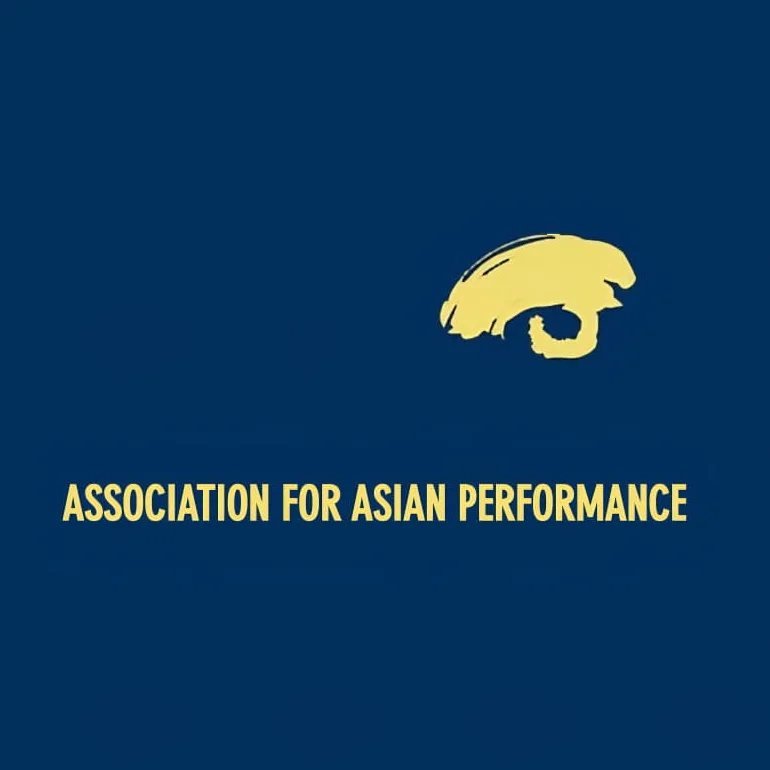 Blue and yellow graphic showing the logo of the Association for Asian Performance, featuring an abstract yellow brush-stroke figure above the organization’s name.